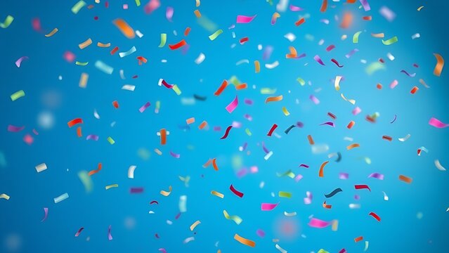 Colorful confetti falling dynamically against a solid blue background, conveying a sense of joyful celebration.