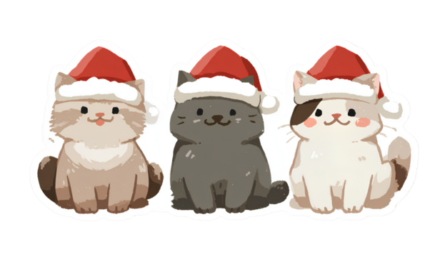 three cute cats wearing santa claus hats, in a clip art sticker style with a Transparent background PNG - Powered by Adobe