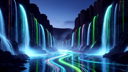 Neon Waterfalls Flowing Through Rocky Canyon at Night with Vibrant Light Trails 50 characters - Powered by Adobe