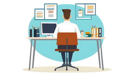 A young man works on a computer, while business professionals sit at office desks in a flat-design vector illustration.