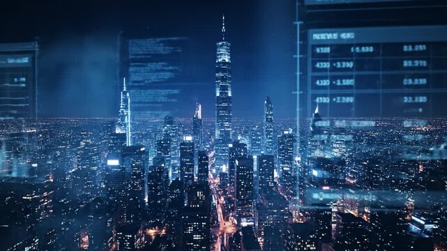 Urban skyline night reveals stunning skyscrapers adorned with vibrant lights, enhanced by digital data overlays showcasing statistics, emphasizing technology and innovation futuristic atmosphere