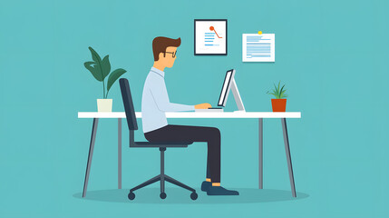 A young man works on a computer, while business professionals sit at office desks in a flat-design vector illustration.