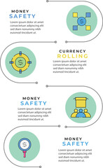 Currency  infographic design template.  Project management. Data visualization 5 options. Process vertical flow chart.
