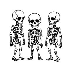 Three skeletal figures stand in monochrome outline against a stark white void creating a whimsical