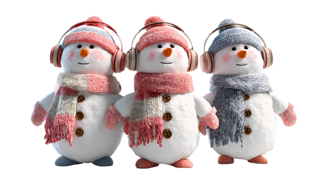 three snowmen with scarves, hats, and headphones standing next to each other on a Transparent background PNG