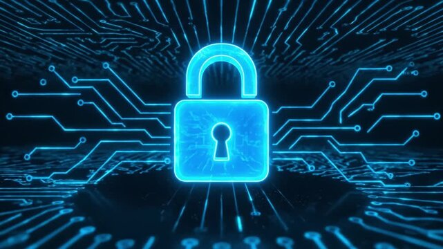 Digital lock symbol showcases cybersecurity and technology, featuring glowing blue padlock amidst circuit patterns, highlighting importance of data protection and secure digital solutions