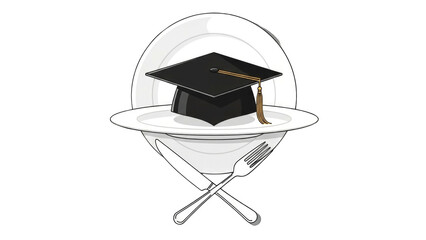 Graduation cap rests on a white dinner plate with crossed cutlery below, symbolizing education.