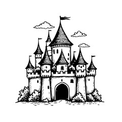 Obraz premium Whimsical fantasy castle illustration with pointed towers sketched in black and white for