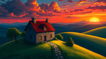 A picturesque scene featuring a charming stone house nestled on a green hill, bathed in the warm glow of a vibrant sunset. Rolling hills stretch into the distance under a sky ablaze with fiery colors.