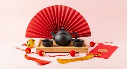 Chinese new year tea set with red fan and decorations