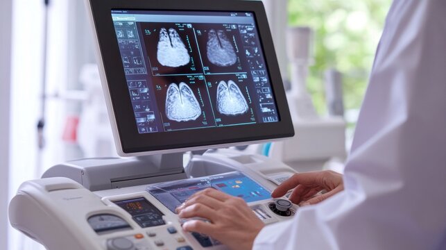 Doctor using ultrasound machine examining mammogram images on screen