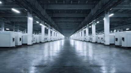 Obraz premium Vast industrial factory interior with rows of modern white hinery and bright ceiling lights