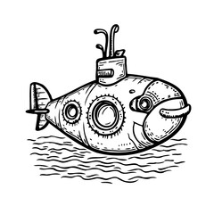 Whimsical undersea voyager illustration of a vintage submarine in a sea illustration floating