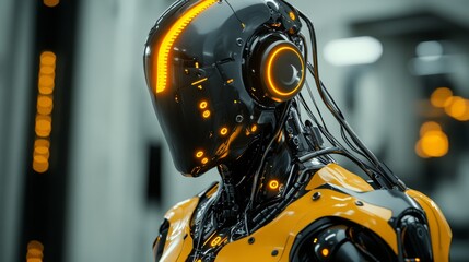 Fototapeta premium A futuristic humanoid robot in sleek yellow armor with illuminated orange helmet lights, representing advanced robotics, artificial intelligence, technology, innovation, and modern cybernetic design.