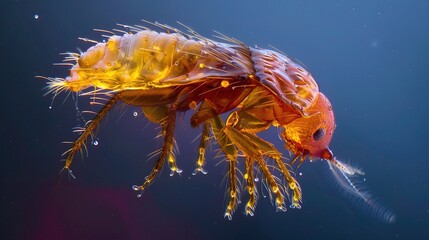 Flea, a small wingless insect, shown in detailed close-up on a piece of brown fur, representing the tiny parasite commonly found on pets like dogs and cats, with visible legs and body structure