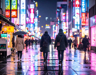 雨の夜の繁華街、ネオンが濡れた路面に輝く都会の夜景と傘をさして歩く人々の風景
