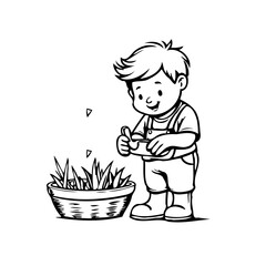 Young gardener sows seeds in a basket with grass with care and anticipation for new growth and