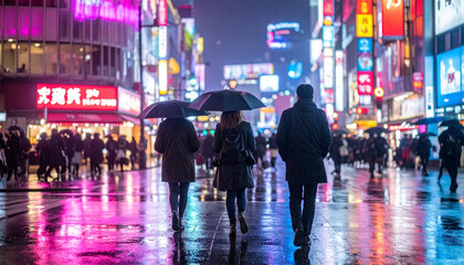 雨の夜の繁華街、ネオンが濡れた路面に輝く都会の夜景と傘をさして歩く人々の風景