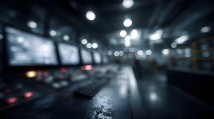 Dimly lit industrial control room showcases rows of glowing monitors and intricate control panels suggesting complex ope ns and technological systems