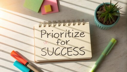 Creative workspace with notebook emphasizing importance of prioritization and success in personal and professional growth