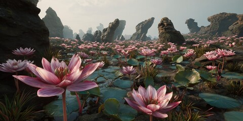 Fantasy alien landscape with glowing pink lotus flowers and surreal rock formations