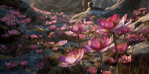 Fantasy alien landscape with glowing pink lotus flowers and surreal rock formations