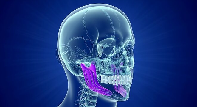 Transparent Skull with Highlighted Pterygoid Muscles, Anatomical Study on Deep Blue Background.