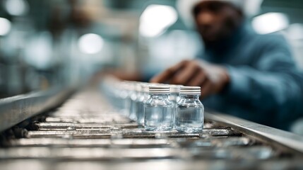 A worker inspects small glass vials filled with clear liquid on a phar eutical production line