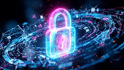 Cybersecurity concept with digital lock rotating in a virtual data stream, highlighting data - Powered by Adobe