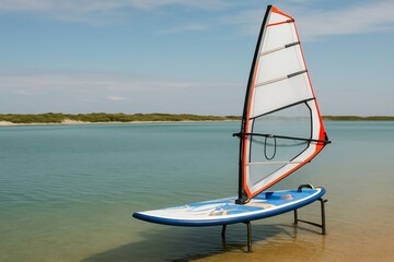 Windsurfing board with a colorful sail sits on a sandy beach. Calm turquoise water and distant green dunes create a peaceful scene.