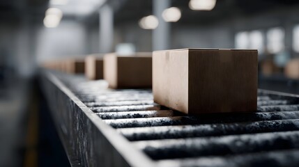 Cardboard boxes are transported along a conveyor belt in a brightly lit industrial factory setting