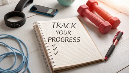 Fitness Motivation Key Elements for a Healthy Lifestyle Journey with Notebook, Weights, and Exercise Accessories