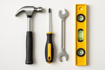 Essential tools for home improvement are neatly arranged on a clean surface. This collection represents readiness for various repair and construction tasks.