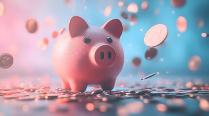 Piggy bank with falling coins, representing savings and investments