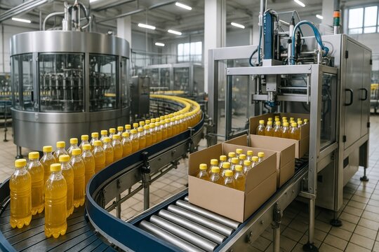 Beverage bottles move along a modern factory production line. Automated machinery precisely fills and packages drinks for distribution. - Powered by Adobe