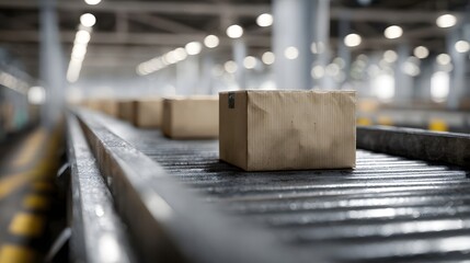 Brown cardboard boxes travel along a conveyor belt in a modern industrial factory setting