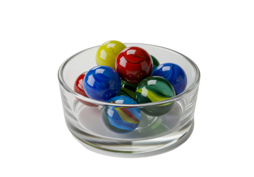 Colorful Glass Marbles in Clear Bowl Playful Composition for Backgrounds Textures and Designs isolated on transparent background