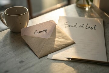 A Quiet Moment of Reflection with a Coffee Cup, Letter, and Envelope Symbolizing Courage and Communication