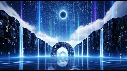 Futuristic cityscape with binary code waterfalls and digital arches, data stream design - Powered by Adobe
