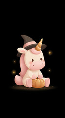 A cute unicorn with a witch hat and a pumpkin. The unicorn is sitting down with a sweet and playful expression, surrounded by sparkling effects