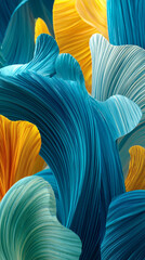 Abstract wavy shapes in vibrant colors with textures and movement. The dynamic composition features waves in shades of blue and yellow
