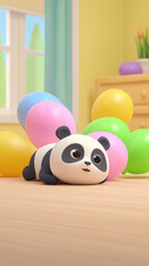 A cute panda rests near a collection of colorful balloons in a playful scene
