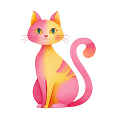 A charming and cheerful cat illustration with pink and yellow shades sitting pretty. The cat exudes happiness and serenity