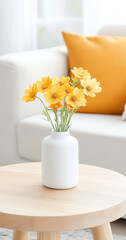 A vibrant flower arrangement in a white vase, sitting on a wooden table, a bright orange pillow in the background.