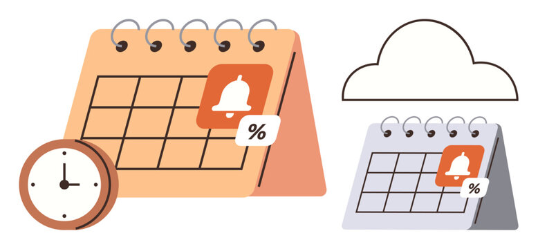 Calendar with highlighted reminder icons, bell notification, clock, and cloud outline. Ideal for scheduling, productivity, reminders, events organization planning and digital organization. Flat