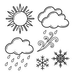 Collection of hand drawn weather icons including sun clouds rain wind and snowflakes isolated on white background