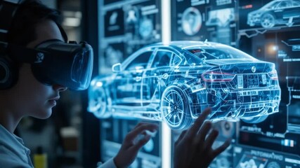 An engineer wearing VR goggles designs a holographic model of a car. Futuristic automotive design concepts, virtual prototypes, and advanced engineering technology. 4k video. - Powered by Adobe