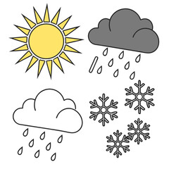 Collection of weather icons depicting sun rain clouds and snowflakes representing different atmospheric conditions