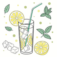 Refreshing hand drawn illustration of a tall glass filled with ice cubes lemon slices and mint leaves © Meraj