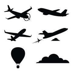 Set of 6 silhouette illustrations featuring airplanes hot air balloon and clouds vector graphics scalable eps icon silhouette vector illustration white background